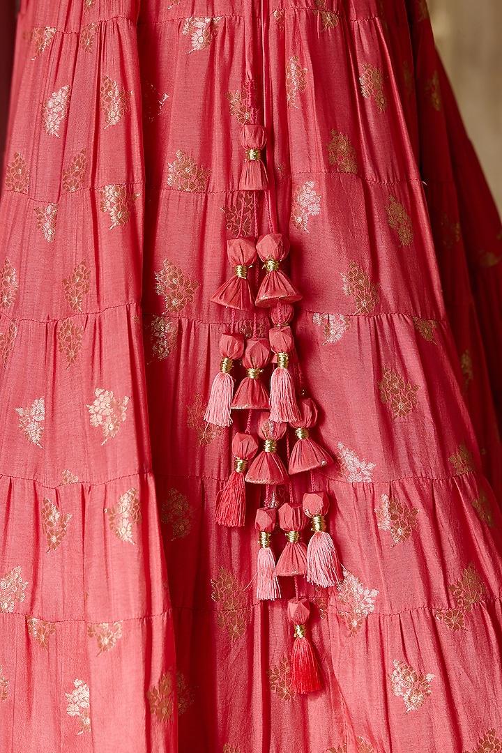 Coral Pink Brocade Embroidered Wedding Lehenga Set by Shyam Narayan Prasad at Pernia's Pop Up Shop