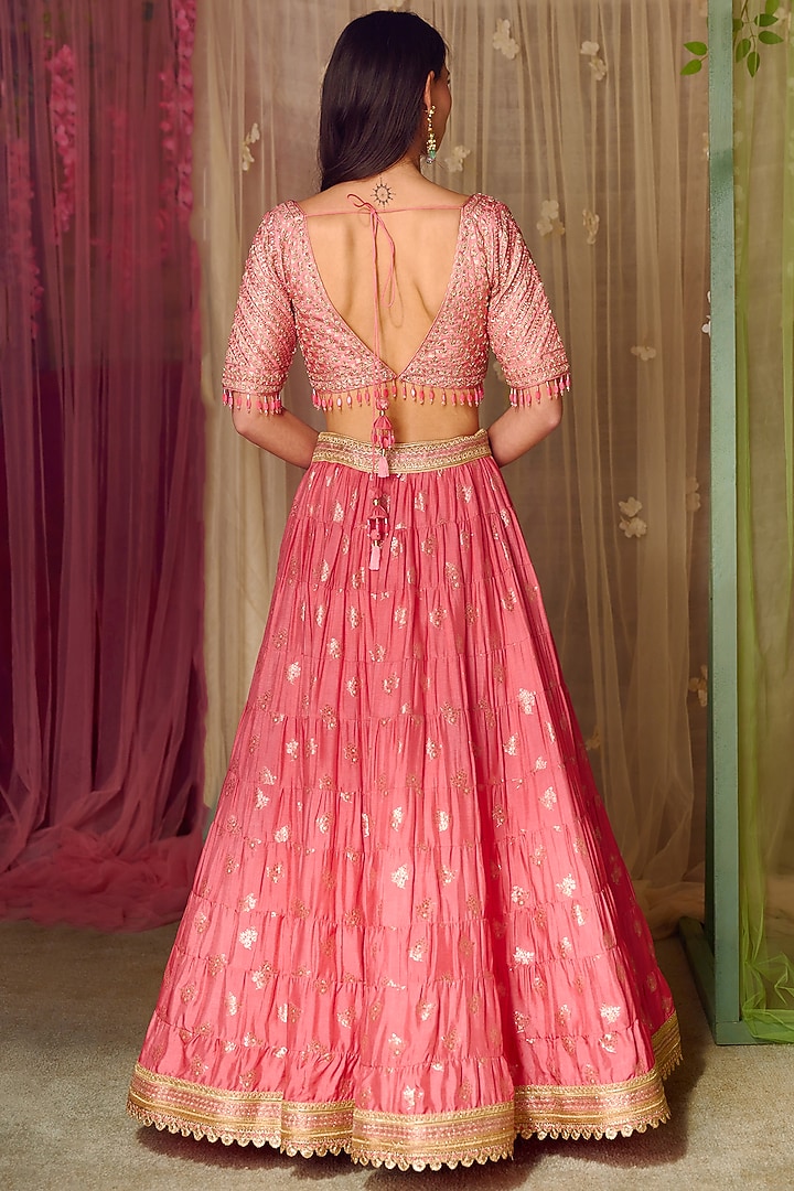 Coral Pink Brocade Embroidered Wedding Lehenga Set by Shyam Narayan Prasad at Pernia's Pop Up Shop