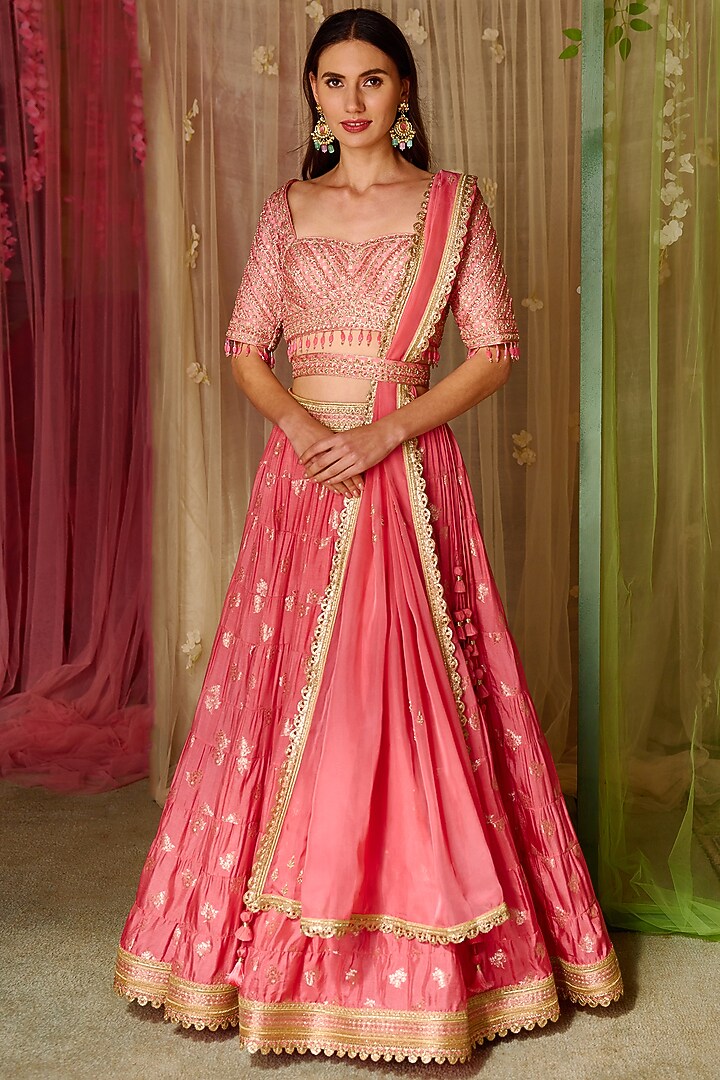 Coral Pink Brocade Embroidered Wedding Lehenga Set by Shyam Narayan Prasad at Pernia's Pop Up Shop