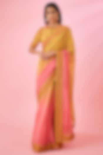 Yellow Pink Ombre Chanderi Embroidered Saree Set by Shyam Narayan Prasad
