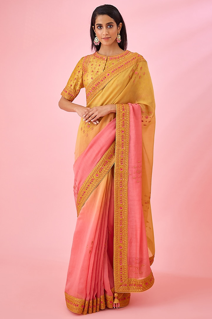 Yellow Pink Ombre Chanderi Embroidered Saree Set by Shyam Narayan Prasad