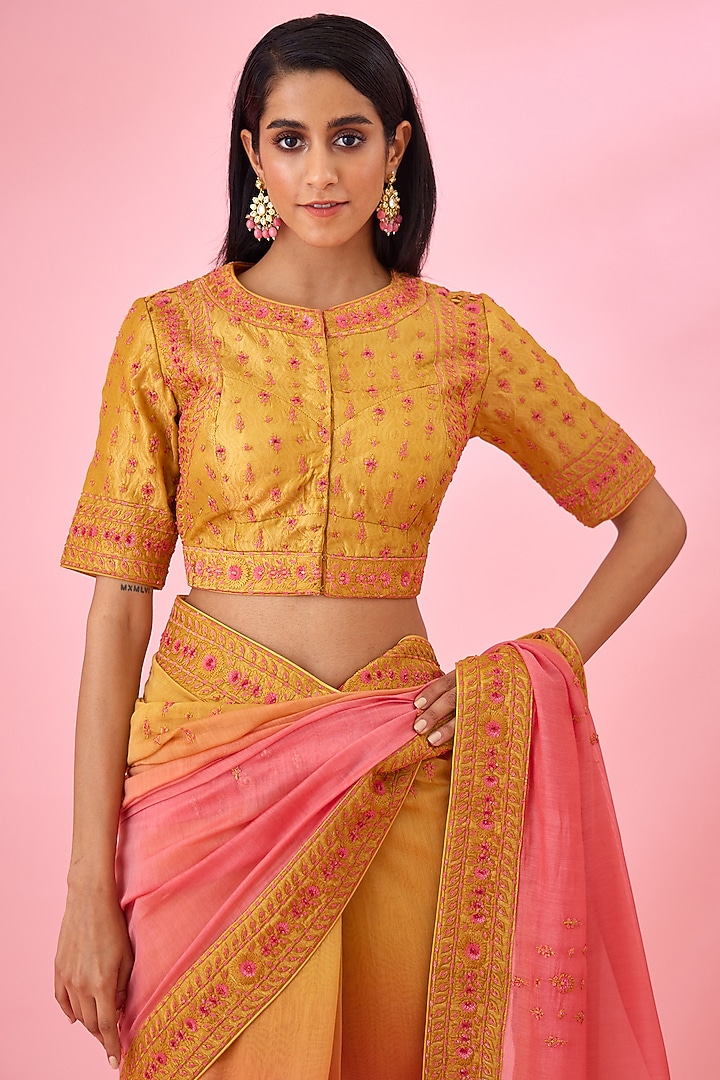 Yellow Pink Ombre Chanderi Embroidered Wedding Saree Set by Shyam Narayan Prasad at Pernia's Pop Up Shop