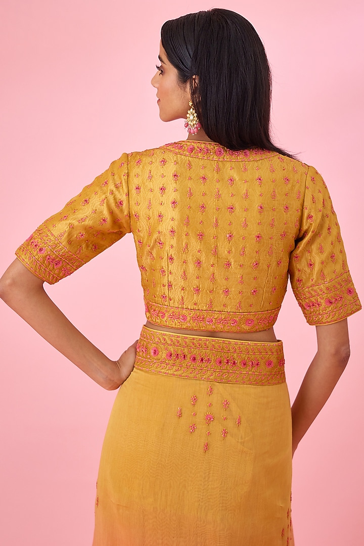 Yellow Pink Ombre Chanderi Embroidered Wedding Saree Set by Shyam Narayan Prasad at Pernia's Pop Up Shop