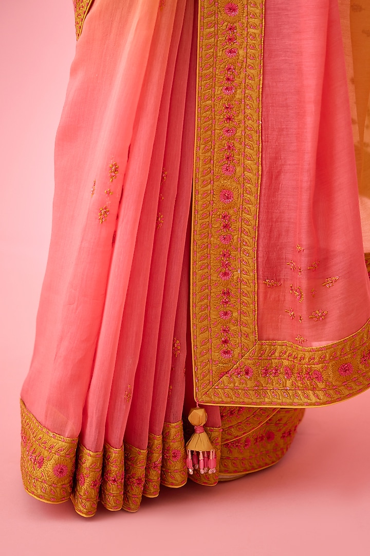 Yellow Pink Ombre Chanderi Embroidered Wedding Saree Set by Shyam Narayan Prasad at Pernia's Pop Up Shop
