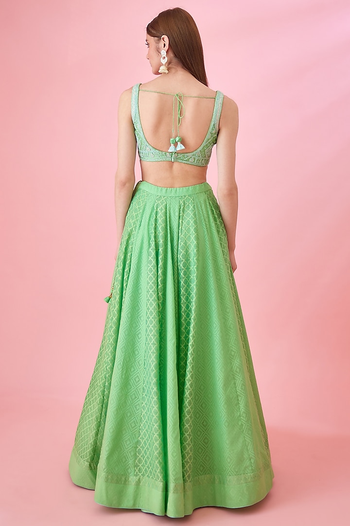 Irish Green Chanderi Jacquard Embroidered Wedding Lehenga Set by Shyam Narayan Prasad at Pernia's Pop Up Shop