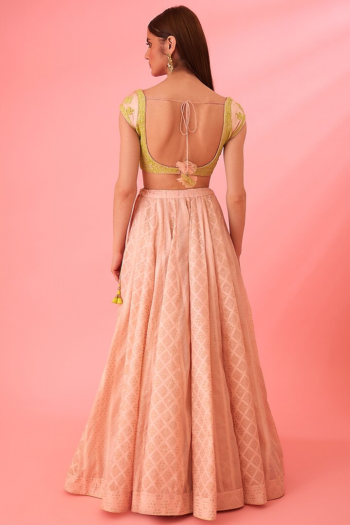 Crystal Rose Pink Chanderi Jacquard Embroidered Wedding Lehenga Set by Shyam Narayan Prasad at Pernia's Pop Up Shop