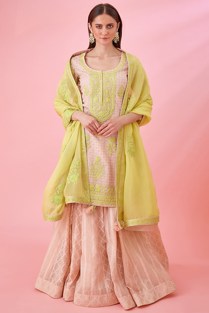 Crystal Rose Pink Chanderi Jacquard Embroidered Wedding Lehenga Set by Shyam Narayan Prasad at Pernia's Pop Up Shop