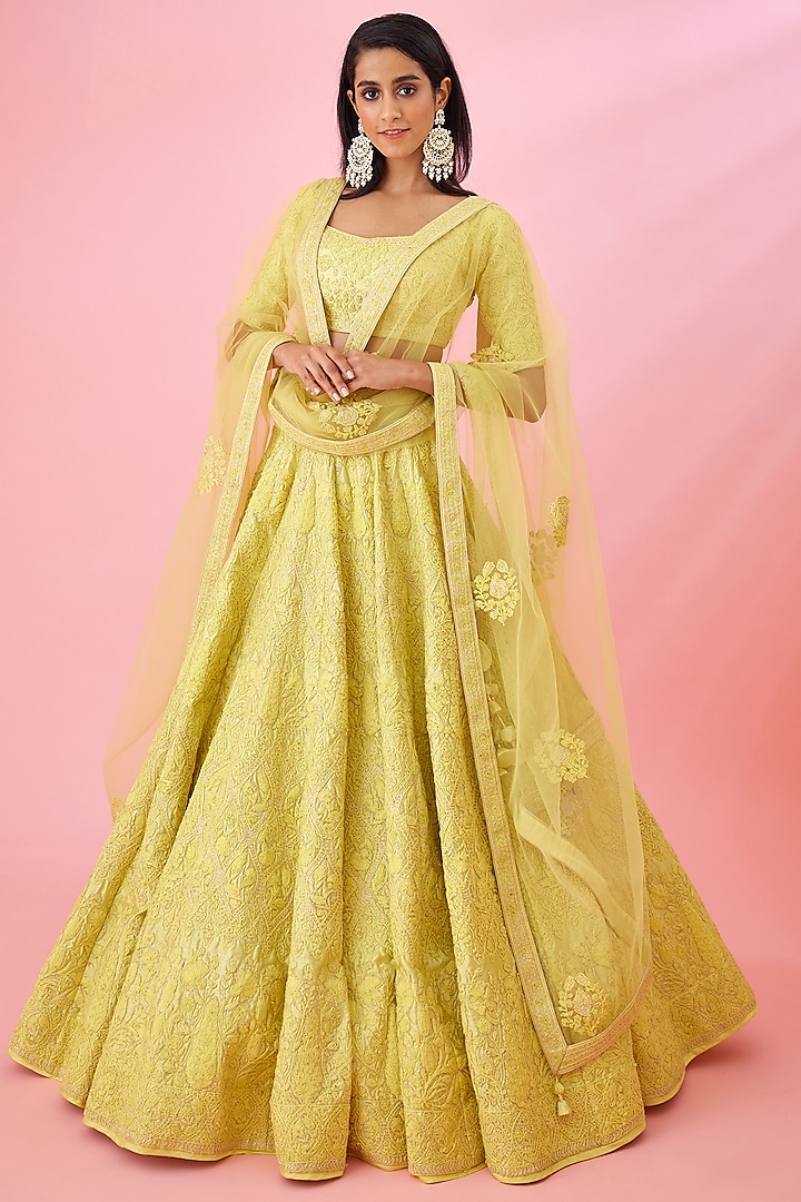 Lemon Yellow Raw Silk Embroidered Lehenga Set by Shyam Narayan Prasad