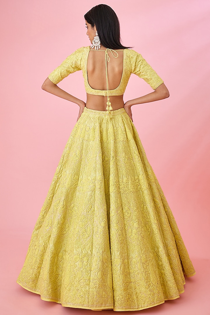Lemon Yellow Raw Silk Embroidered Bridal Lehenga Set by Shyam Narayan Prasad at Pernia's Pop Up Shop