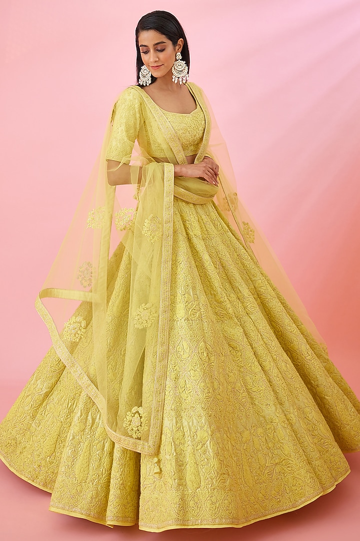 Lemon Yellow Raw Silk Embroidered Bridal Lehenga Set by Shyam Narayan Prasad at Pernia's Pop Up Shop
