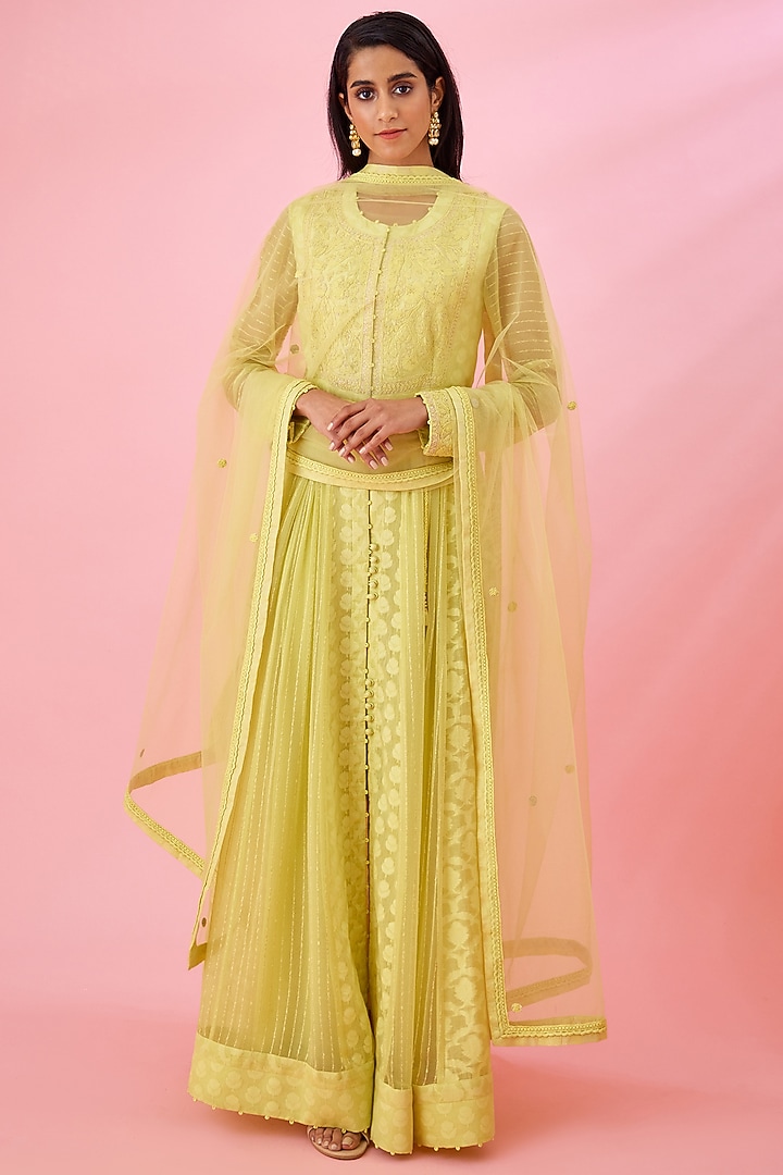 Lemon Yellow Modal Satin & Chanderi Jacquard Embroidered Party Wear Anarkali Set by Shyam Narayan Prasad at Pernia's Pop Up Shop