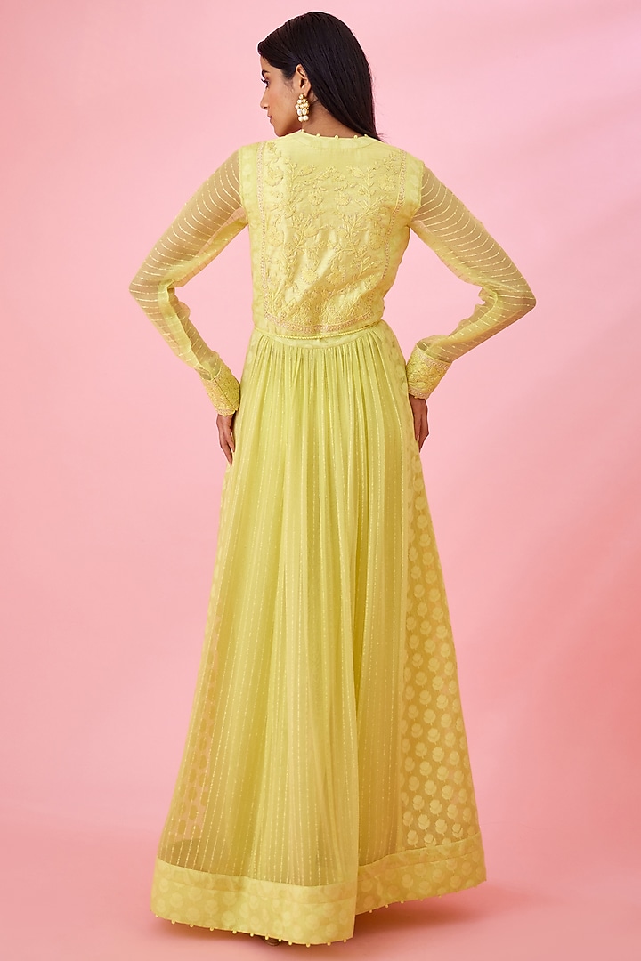 Lemon Yellow Modal Satin & Chanderi Jacquard Embroidered Party Wear Anarkali Set by Shyam Narayan Prasad at Pernia's Pop Up Shop