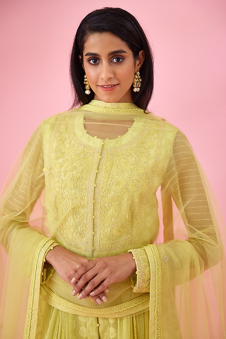 Lemon Yellow Modal Satin & Chanderi Jacquard Embroidered Party Wear Anarkali Set by Shyam Narayan Prasad at Pernia's Pop Up Shop