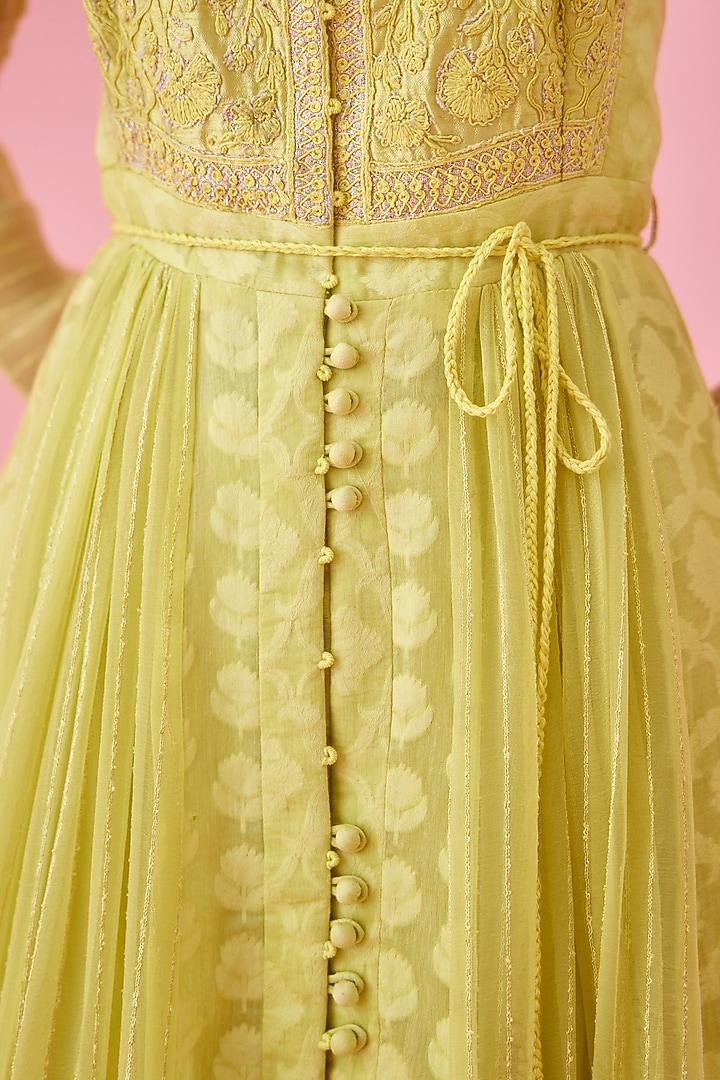 Lemon Yellow Modal Satin & Chanderi Jacquard Embroidered Party Wear Anarkali Set by Shyam Narayan Prasad at Pernia's Pop Up Shop