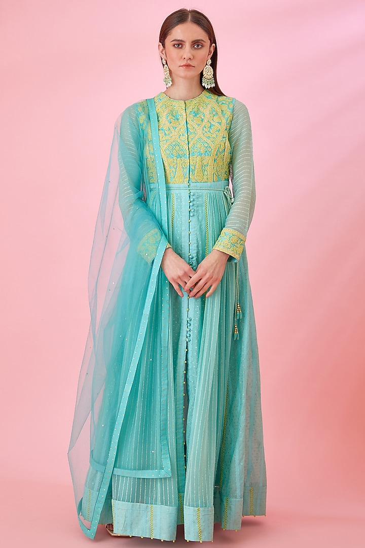 Sea Blue Modal Satin & Chanderi Jacquard Embroidered Party Wear Anarkali Set by Shyam Narayan Prasad at Pernia's Pop Up Shop
