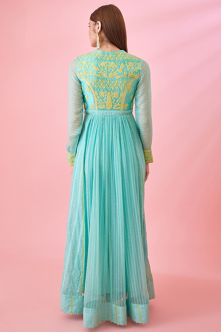 Sea Blue Modal Satin & Chanderi Jacquard Embroidered Party Wear Anarkali Set by Shyam Narayan Prasad at Pernia's Pop Up Shop