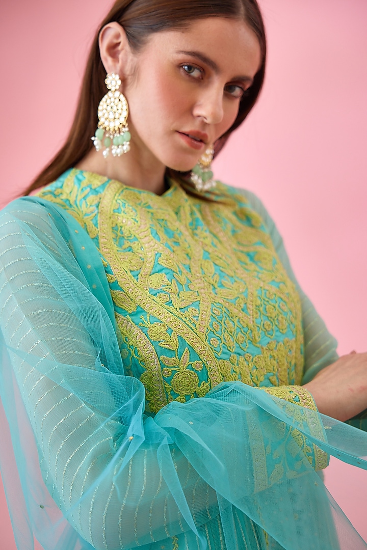 Sea Blue Modal Satin & Chanderi Jacquard Embroidered Party Wear Anarkali Set by Shyam Narayan Prasad at Pernia's Pop Up Shop