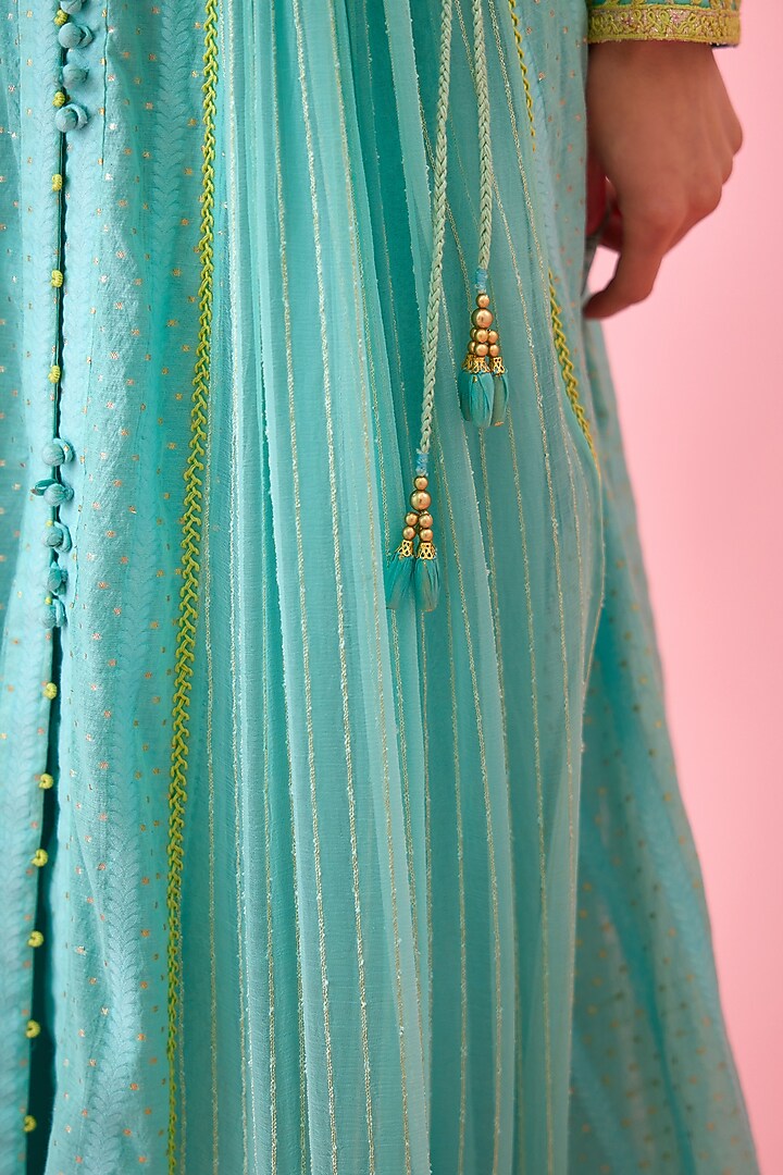 Sea Blue Modal Satin & Chanderi Jacquard Embroidered Party Wear Anarkali Set by Shyam Narayan Prasad at Pernia's Pop Up Shop