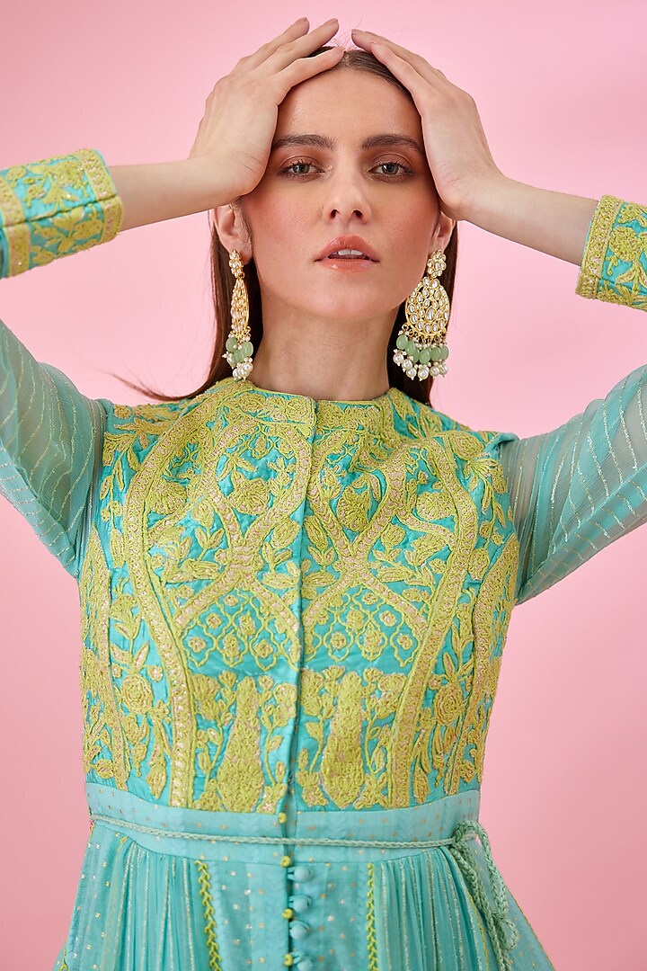 Sea Blue Modal Satin & Chanderi Jacquard Embroidered Party Wear Anarkali Set by Shyam Narayan Prasad at Pernia's Pop Up Shop