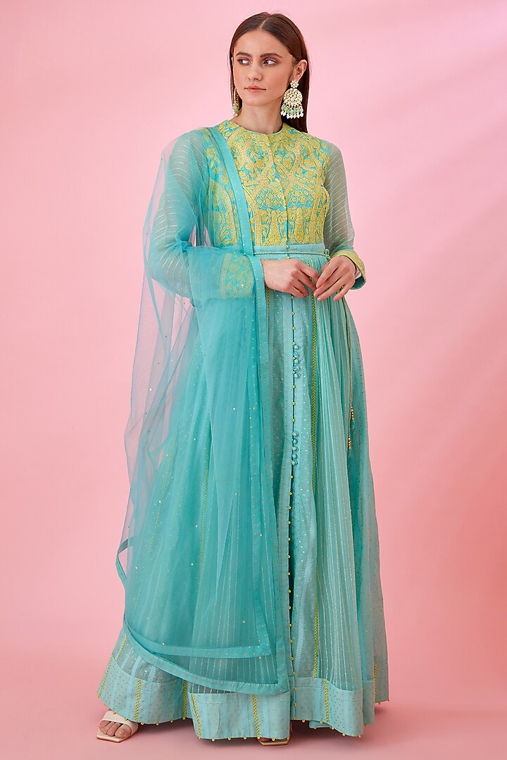 Sea Blue Modal Satin & Chanderi Jacquard Embroidered Party Wear Anarkali Set by Shyam Narayan Prasad at Pernia's Pop Up Shop