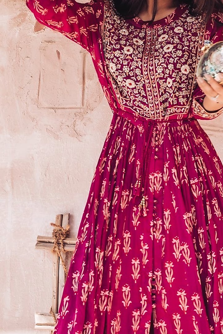 Grape Wine Embroidered & Printed Wedding Anarkali Set by Shyam Narayan Prasad at Pernia's Pop Up Shop