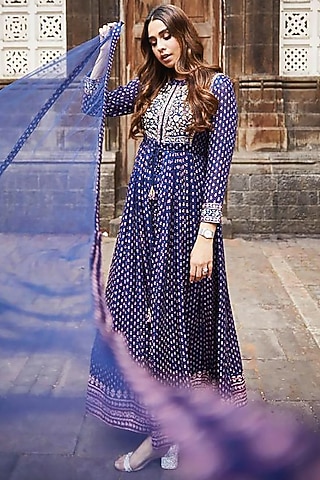 Navy Blue Embroidered Anarkali Set by Shyam Narayan Prasad