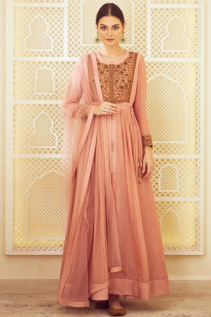 Blush Pink Silk Anarkali Set by Shyam Narayan Prasad