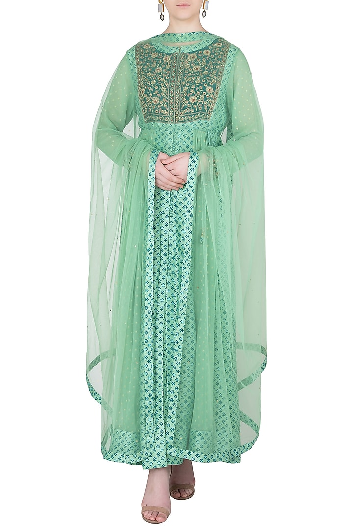 Light green block printed and embroidered anarkali set available only at Pernia's Pop Up Shop.