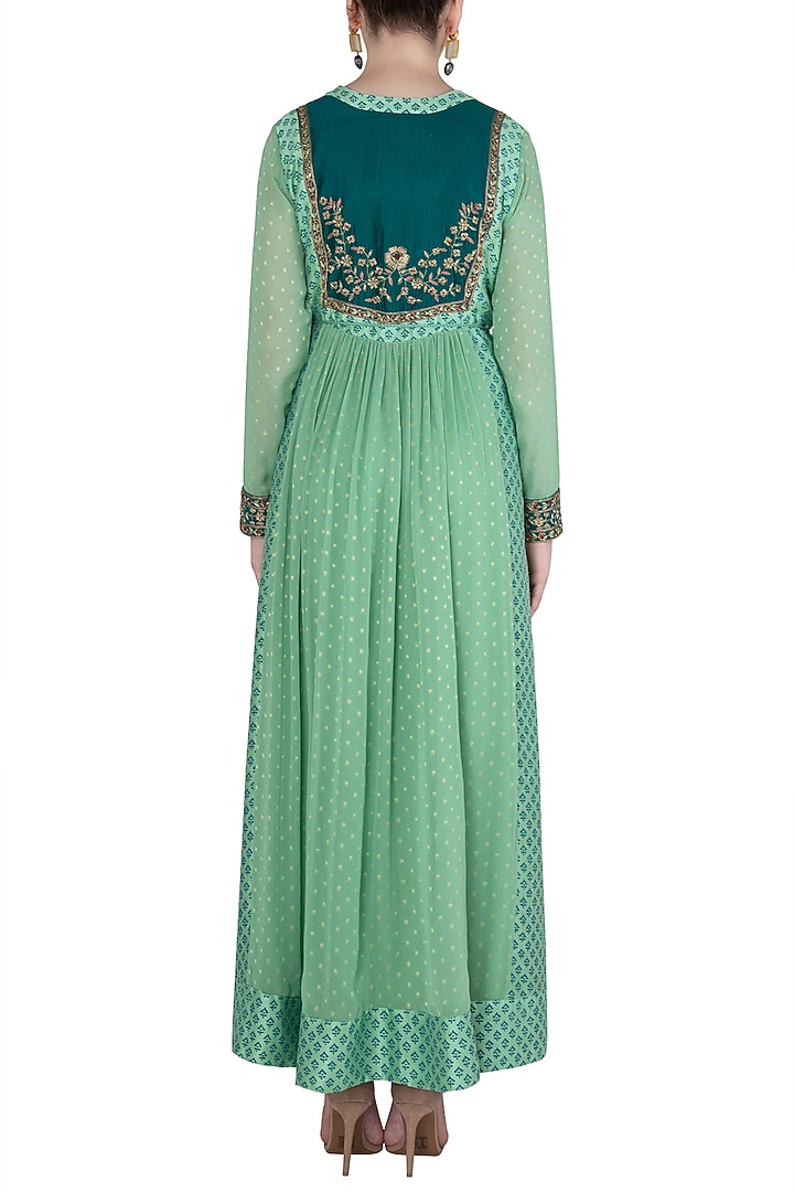 Light green block printed and embroidered anarkali set available only at Pernia's Pop Up Shop.