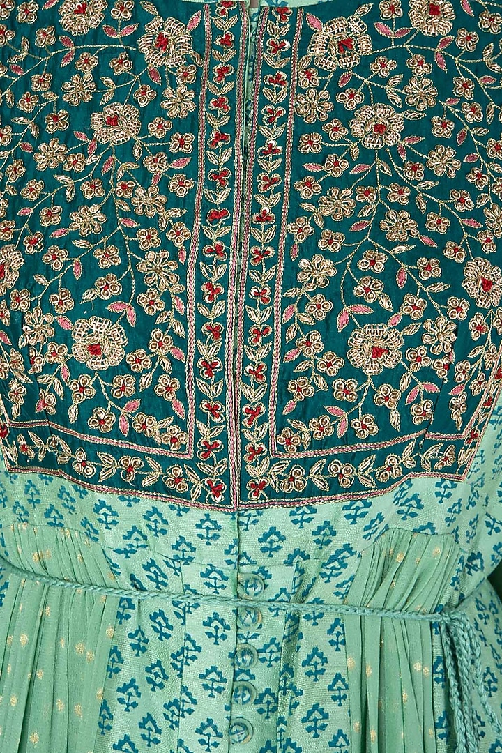 Light green block printed and embroidered anarkali set available only at Pernia's Pop Up Shop.