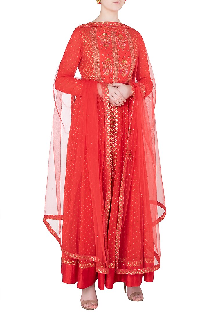 Red embroidered anarkali set available only at Pernia's Pop Up Shop.