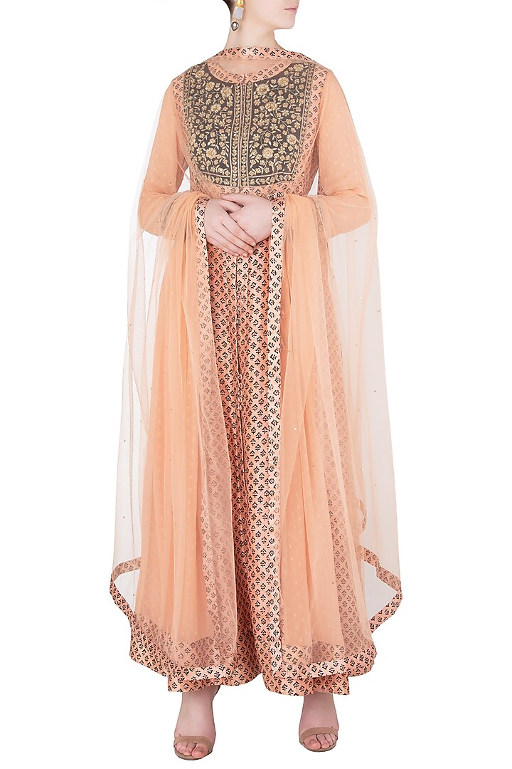 Peach and black block printed and embroidered anarkali set available only at Pernia's Pop Up Shop.