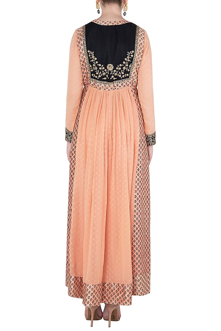 Peach and black block printed and embroidered anarkali set available only at Pernia's Pop Up Shop.