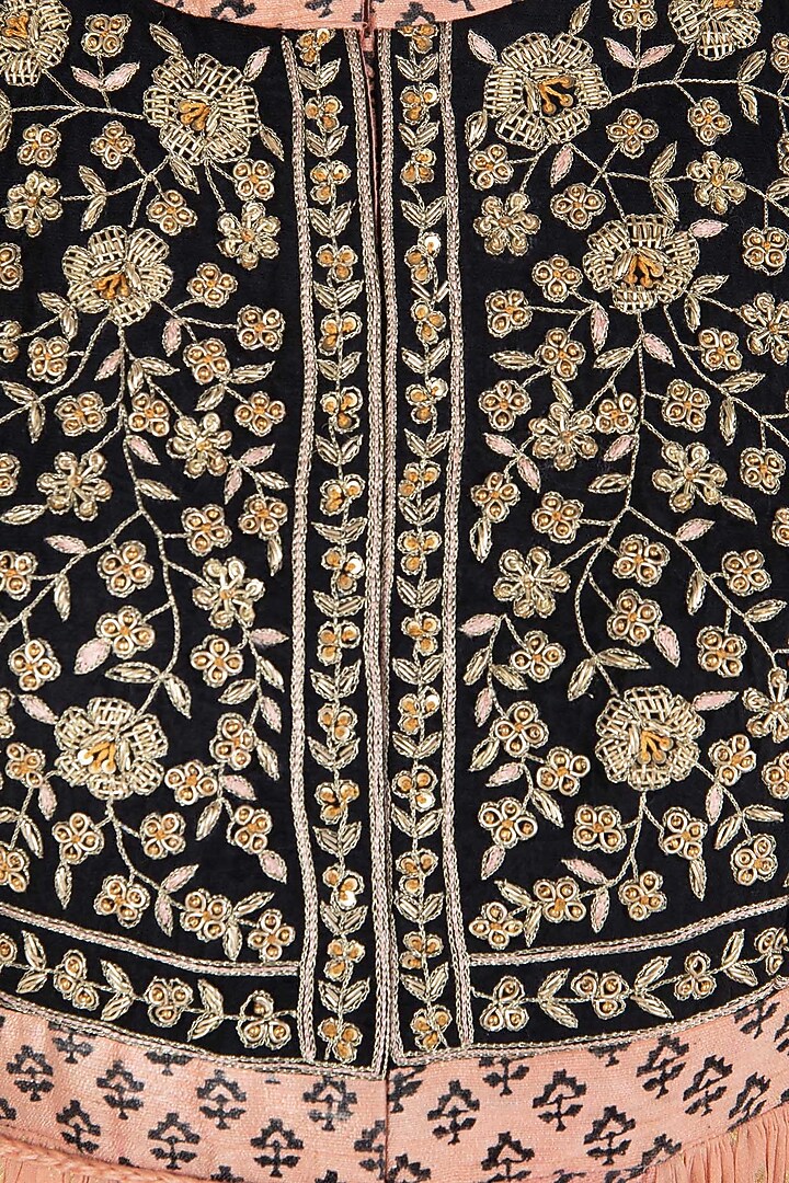 Peach and black block printed and embroidered anarkali set available only at Pernia's Pop Up Shop.