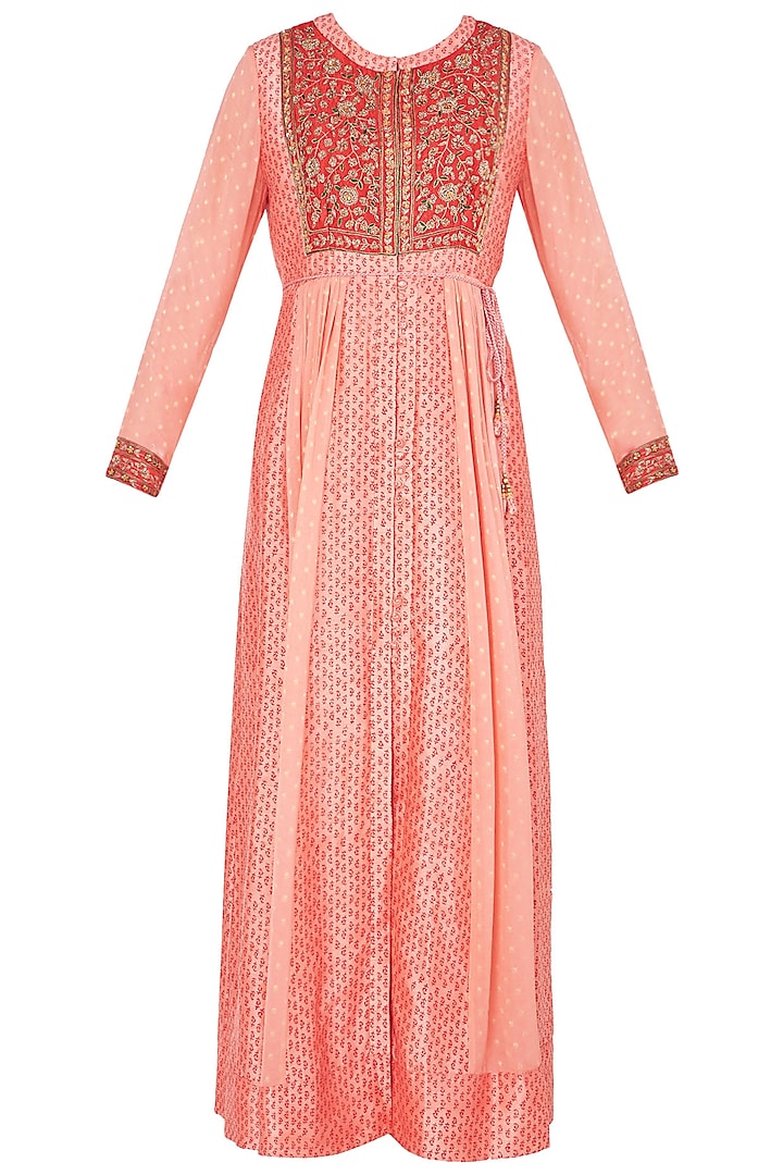 Red and Peach Block Printed and Embroidered Anarkali Set by Shyam Narayan Prasad