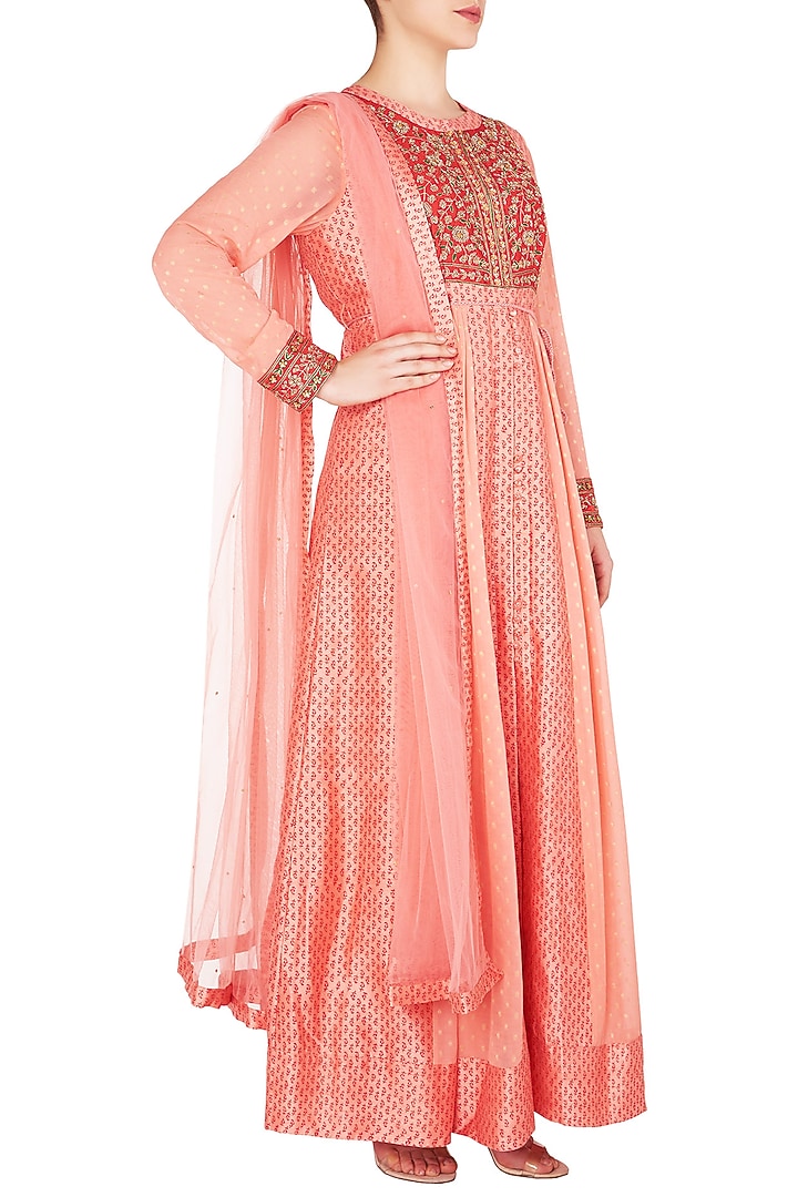 Red and peach block printed and embroidered anarkali set available only at Pernia's Pop Up Shop.