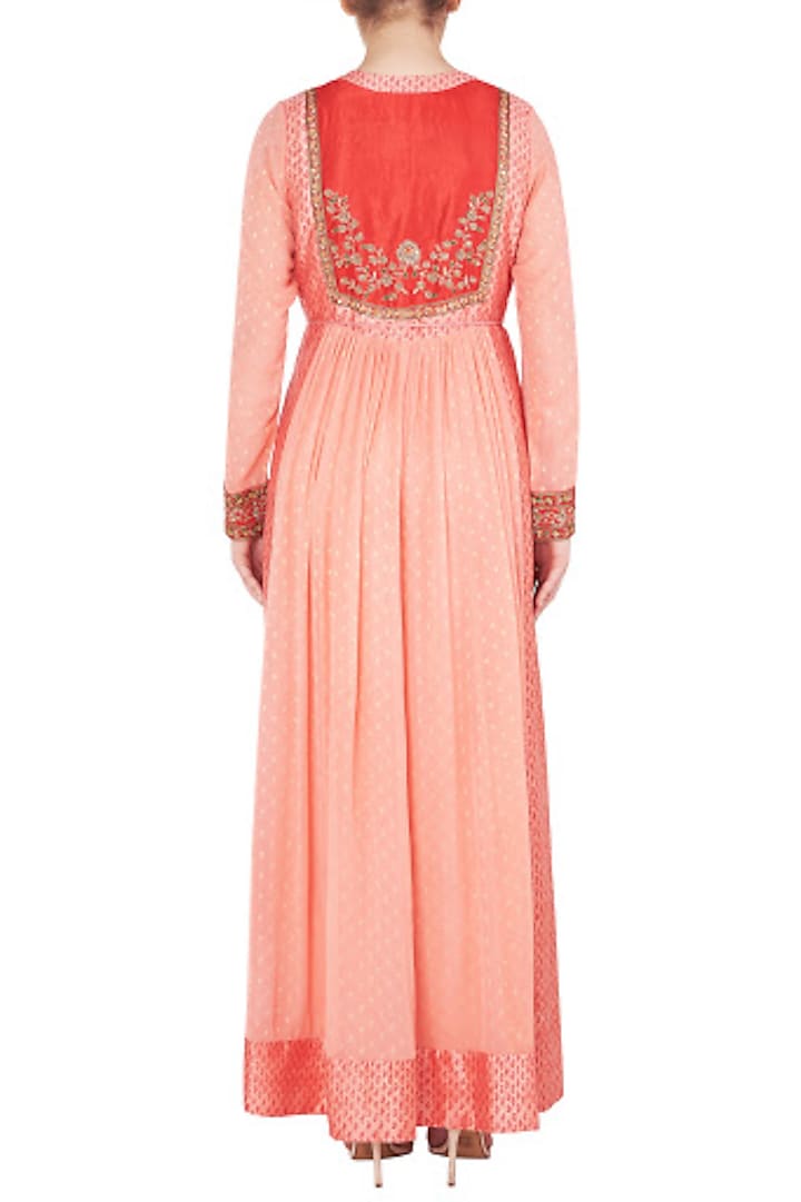 Red and peach block printed and embroidered anarkali set available only at Pernia's Pop Up Shop.