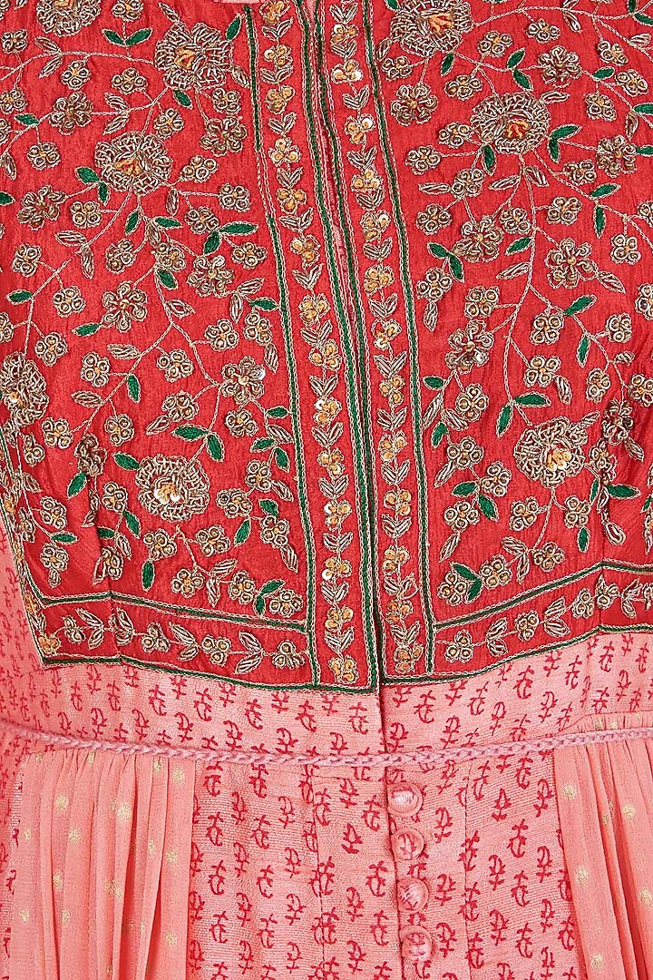 Red and peach block printed and embroidered anarkali set available only at Pernia's Pop Up Shop.