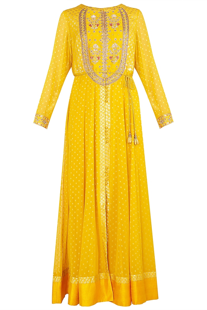 Yellow Embroidered Anarkali Set by Shyam Narayan Prasad