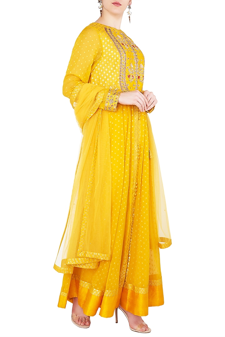 Yellow embroidered anarkali set available only at Pernia's Pop Up Shop.