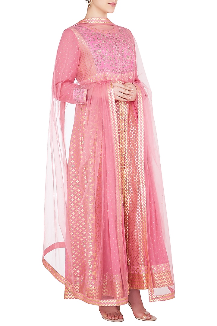 Coral pink embroidered anarkali set available only at Pernia's Pop Up Shop.