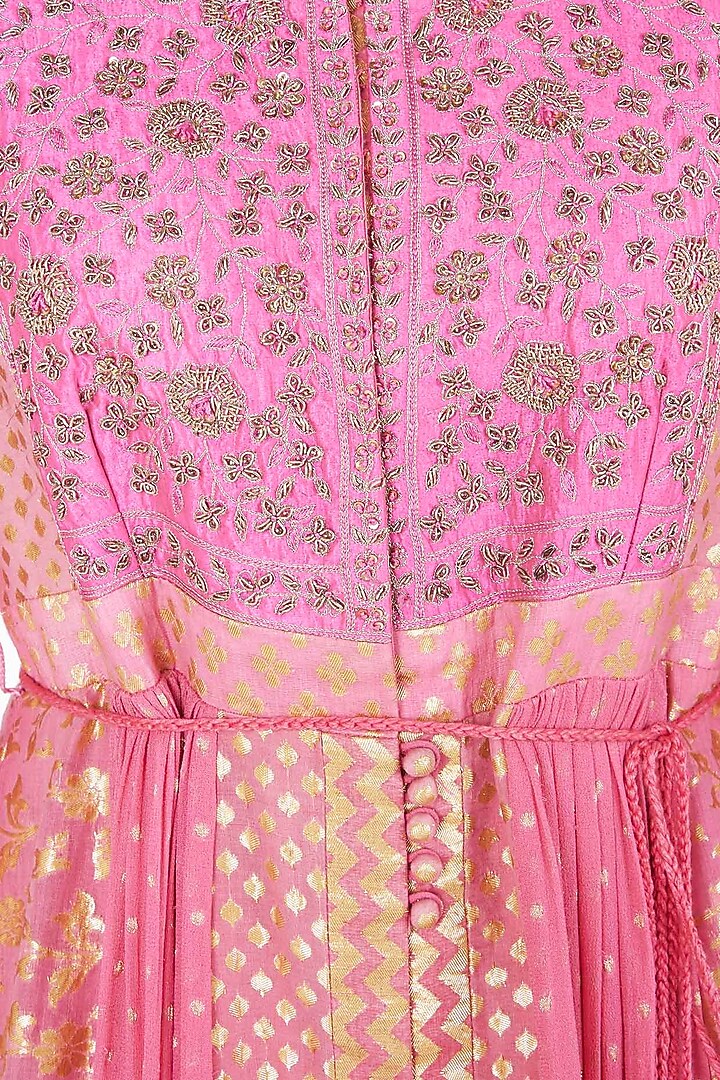 Coral pink embroidered anarkali set available only at Pernia's Pop Up Shop.