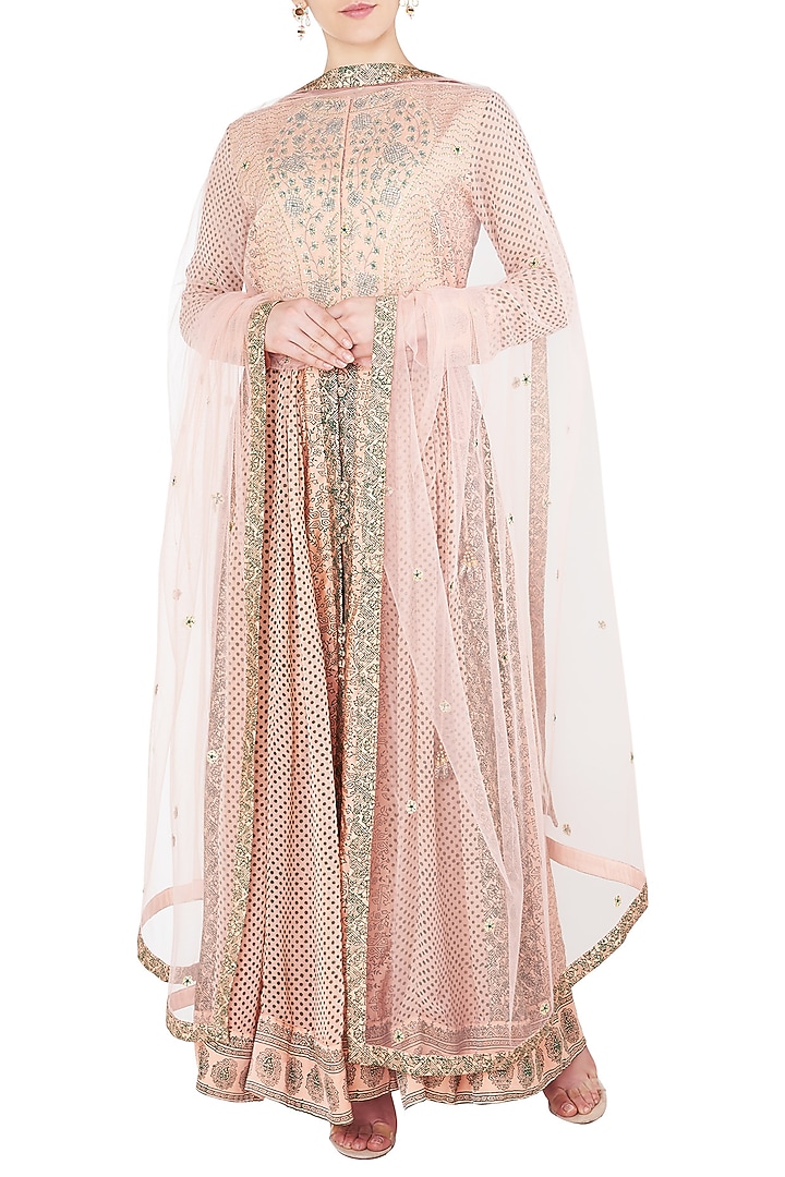 Peach and green block printed and embroidered anarkali set available only at Pernia's Pop Up Shop.