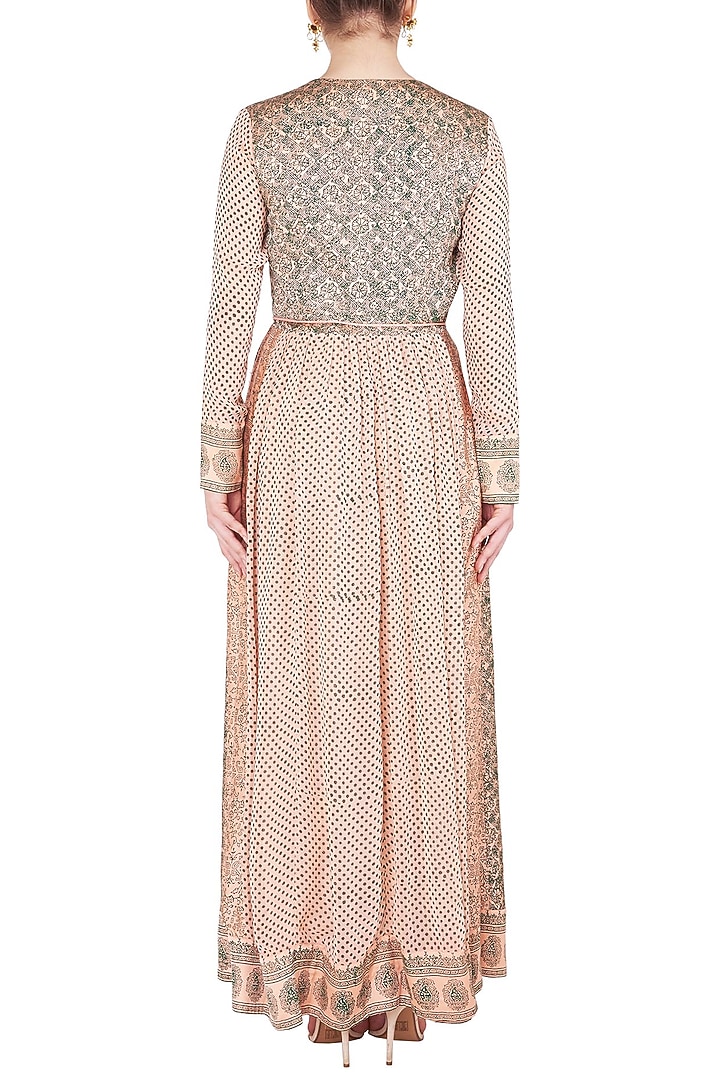 Peach and green block printed and embroidered anarkali set available only at Pernia's Pop Up Shop.