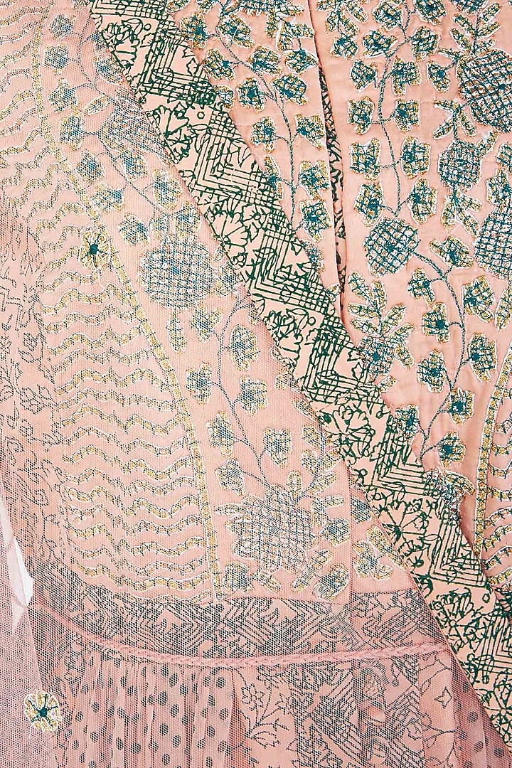 Peach and green block printed and embroidered anarkali set available only at Pernia's Pop Up Shop.