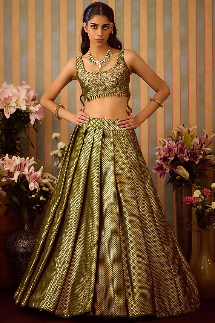 Garden Green Brocade Zardosi Embroidered Wedding Lehenga Set by Shyam Narayan Prasad at Pernia's Pop Up Shop
