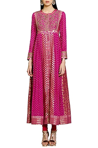 Dark Pink Embroidered Anarkali Set by Shyam Narayan Prasad