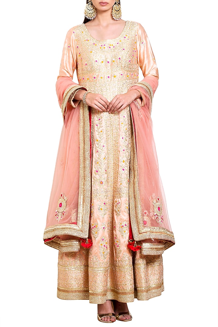 Neutral peach embroidered anarkali set available only at Pernia's Pop Up Shop.