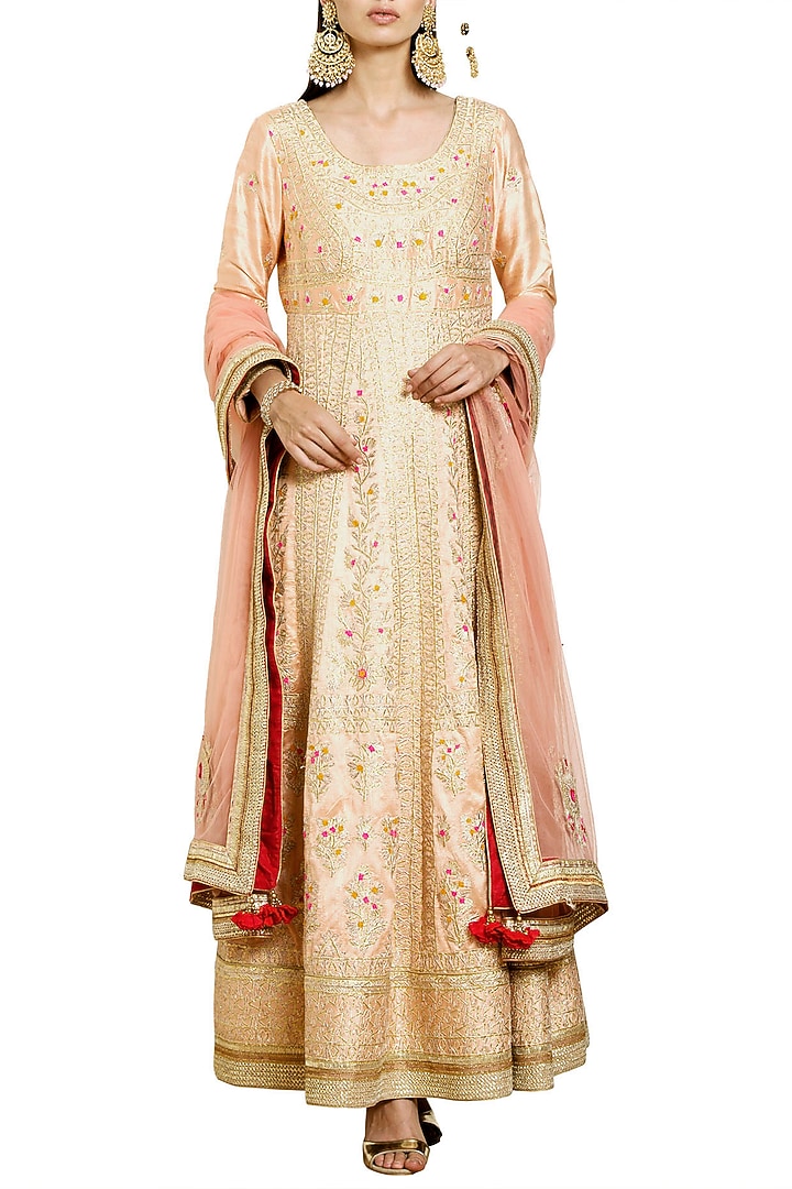 Neutral peach embroidered anarkali set available only at Pernia's Pop Up Shop.
