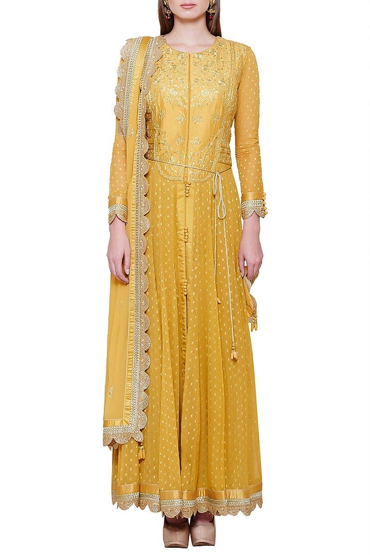 Mustard yellow embroidered anarkali set available only at Pernia's Pop Up Shop.